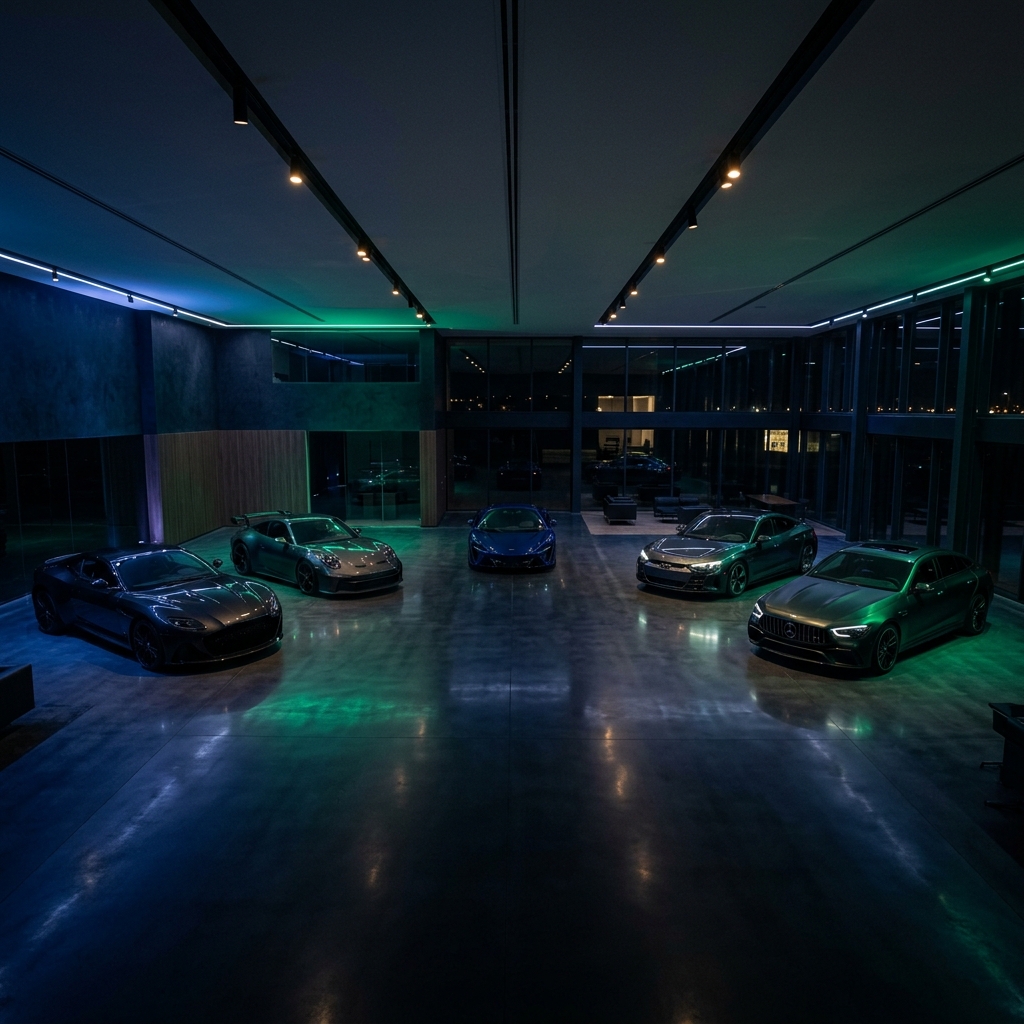 Luxury car showroom with dramatic lighting